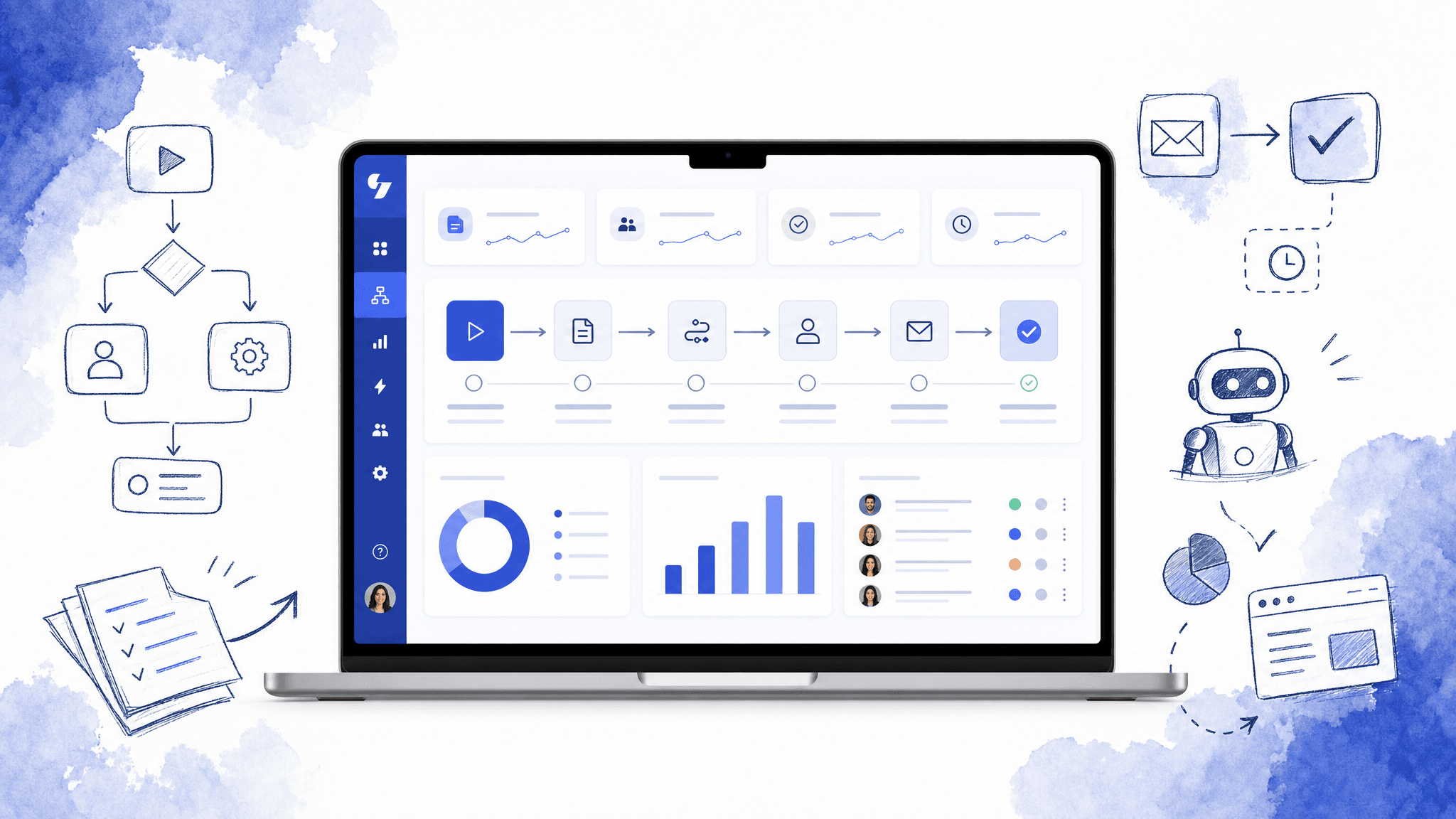 Design role-aware processes, route work by condition, collect structured information, manage related records, and produce reviewable documents.