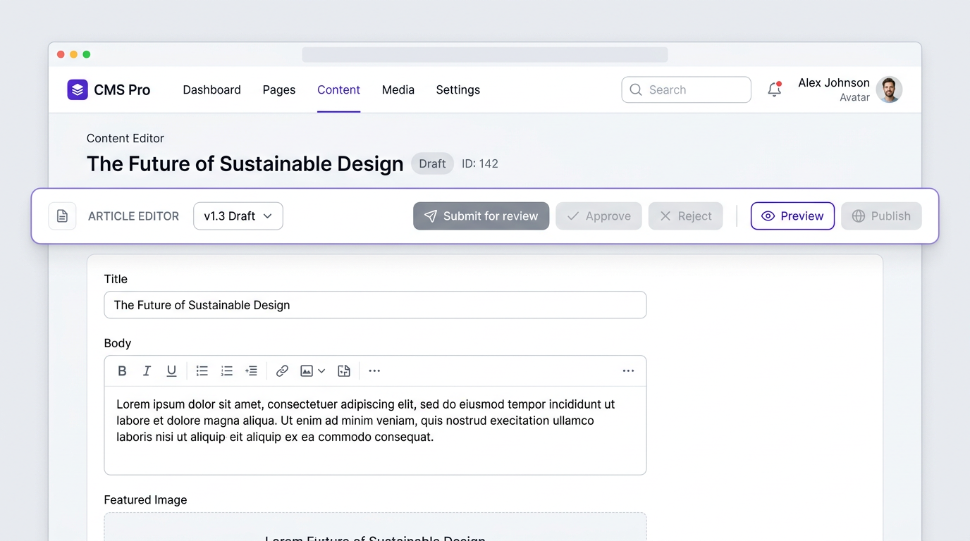 Review, approve, reject, publish, and preview controls